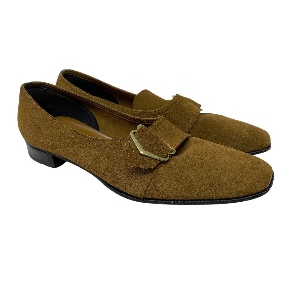 Vintage Sears Contour Casuals Camel Suede Buckle Loafers Women's Square Toe Sz 7